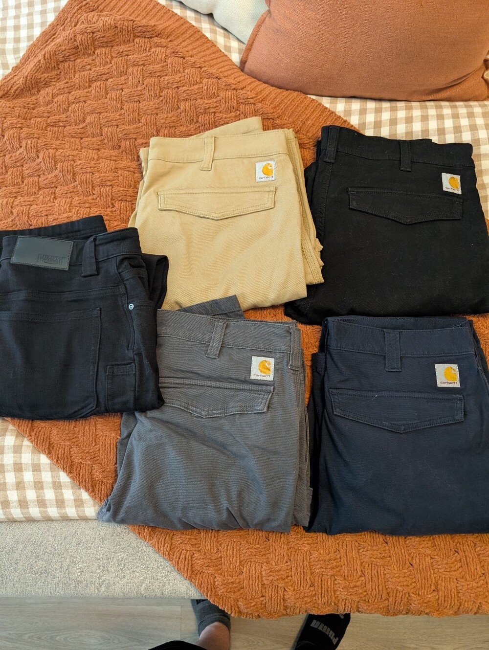 5 Pair Carhartt Rigby Cargo Pants & Duluth Ballroom Flex Jeans All 33x34 EUC